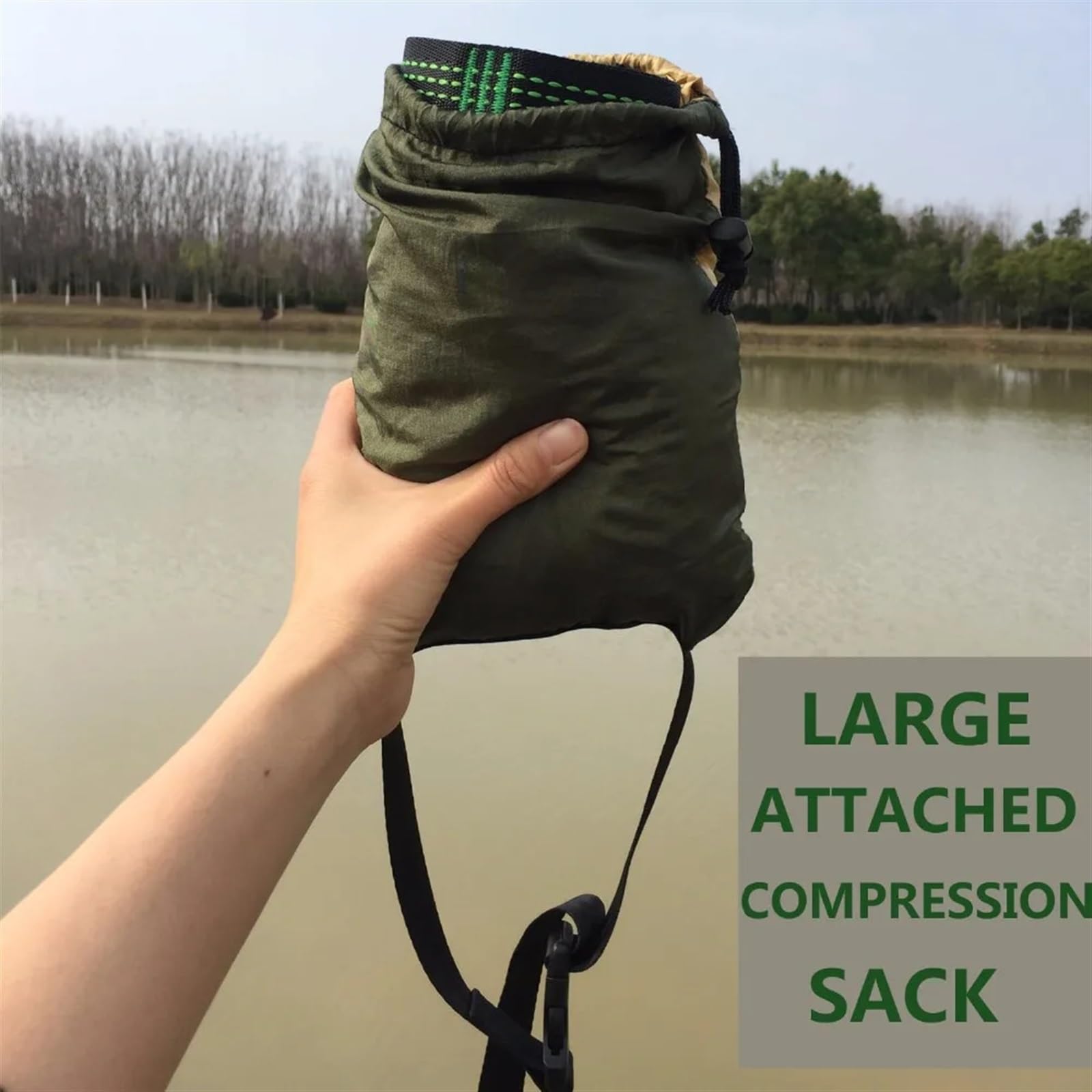 Amaca leggera da campeggio doppia, in tessuto paracadute, portatile, per esterni, per rilassarsi in giardino e dormire in viaggio (verde e kaki)