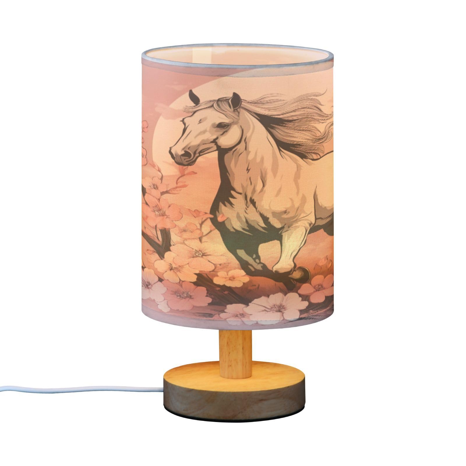 SDMKA Vintage Horse Pink Bedside Table Lamp for Bedroom, Minimalist Nightstand Lamp with Round Fabric Shade for Living Room, Office, No Bulb Required