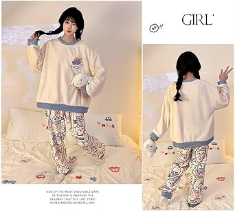Cartoon Fluffy Pajama Set Petite Women Girls Fleece Pullover Pants 2 Piece Pj Set Long Sleeve Sleepwear Lounge Sets
