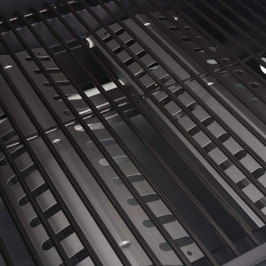Grill gazowy 2 + 1 płomieni, czarny, srebrny, stal malowana proszkowo, stal nierdzewna, 116,5 x 59 x 117 cm, 2 strefy główne plus płyta grzewcza boczna do ogrodu, na taras, wieczór przy