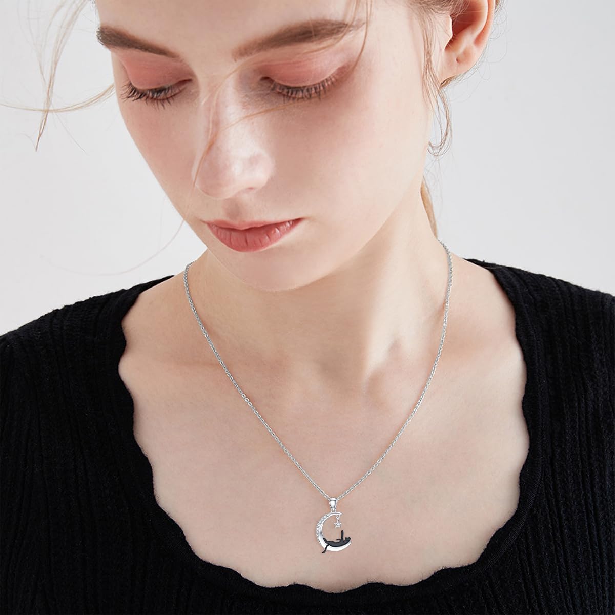 Diamond Moon and Cat Necklace for Women 925 Sterling Silver Black Cat on the Moon Pendant with Lab Grown Diamonds Jewelry Gifts - Image 4