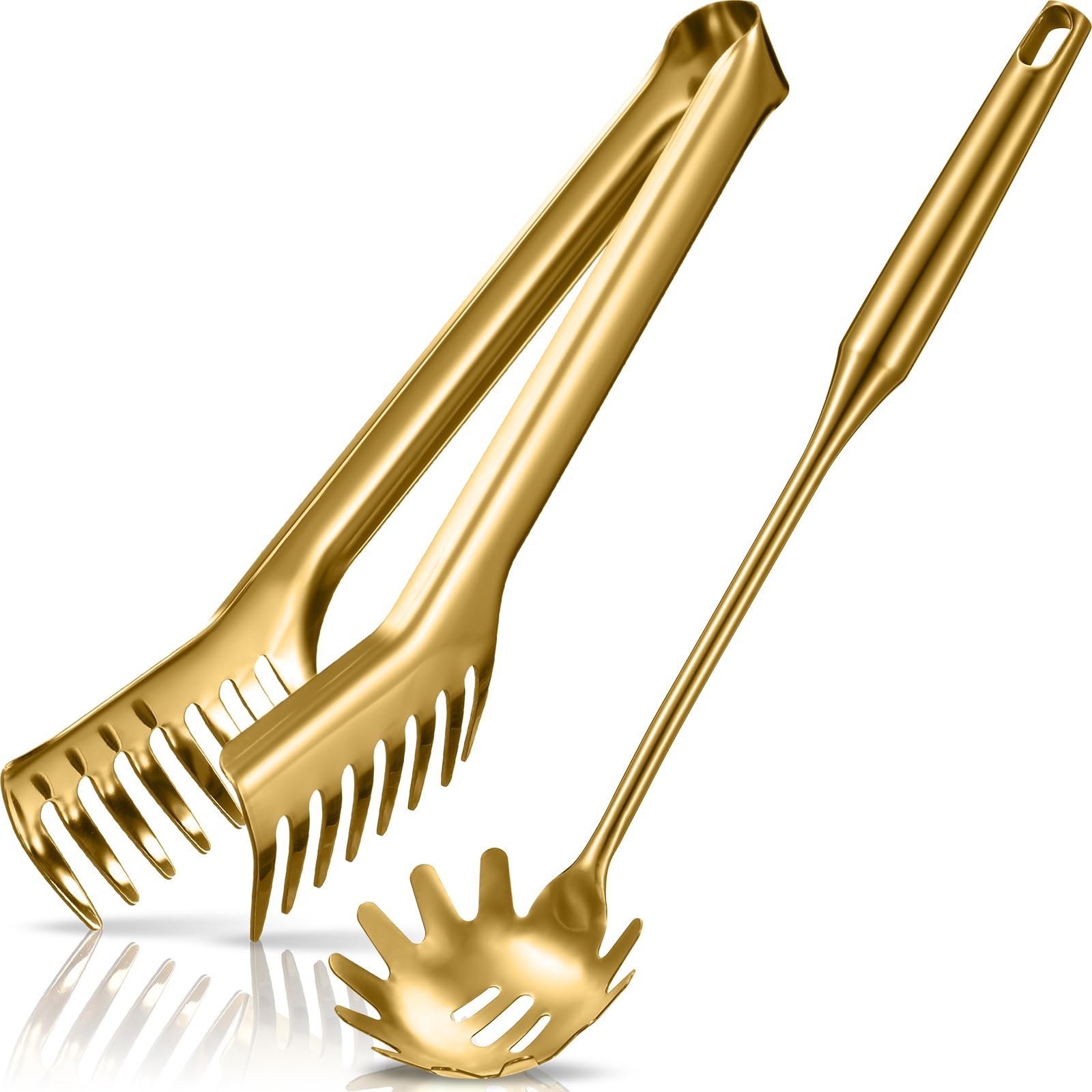 Patelai Stainless Steel Spaghetti Spoon and Pasta Tongs Set, Long Handle Noodle Server Tools with Drain Holes, Non-slip Grip for Cooking, Serving Pasta and Noodles