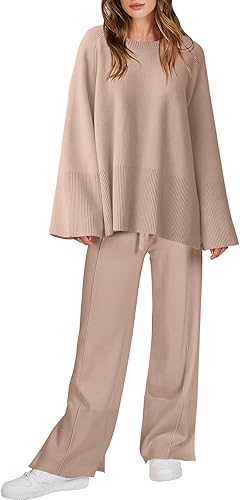 ANRABESS Conjunto de 2 piezas para mujer, sudadera de punto de gran tamaño y pantalones de pierna ancha con cordón
