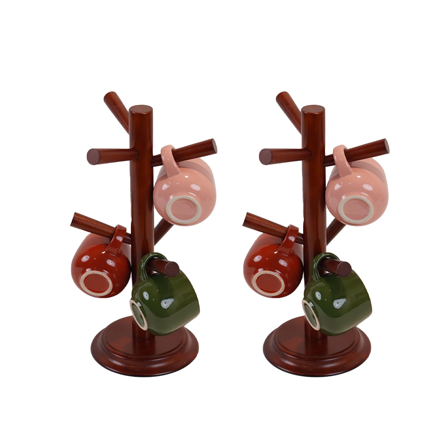 Nabytok Mug Tree Set of 2 | 13.5"x7"x7", 6 Hooks Cup Holder with Thick Rubberwood Base, Wooden Coffee Mug Holder Stand for Countertop, Kitchen Table,