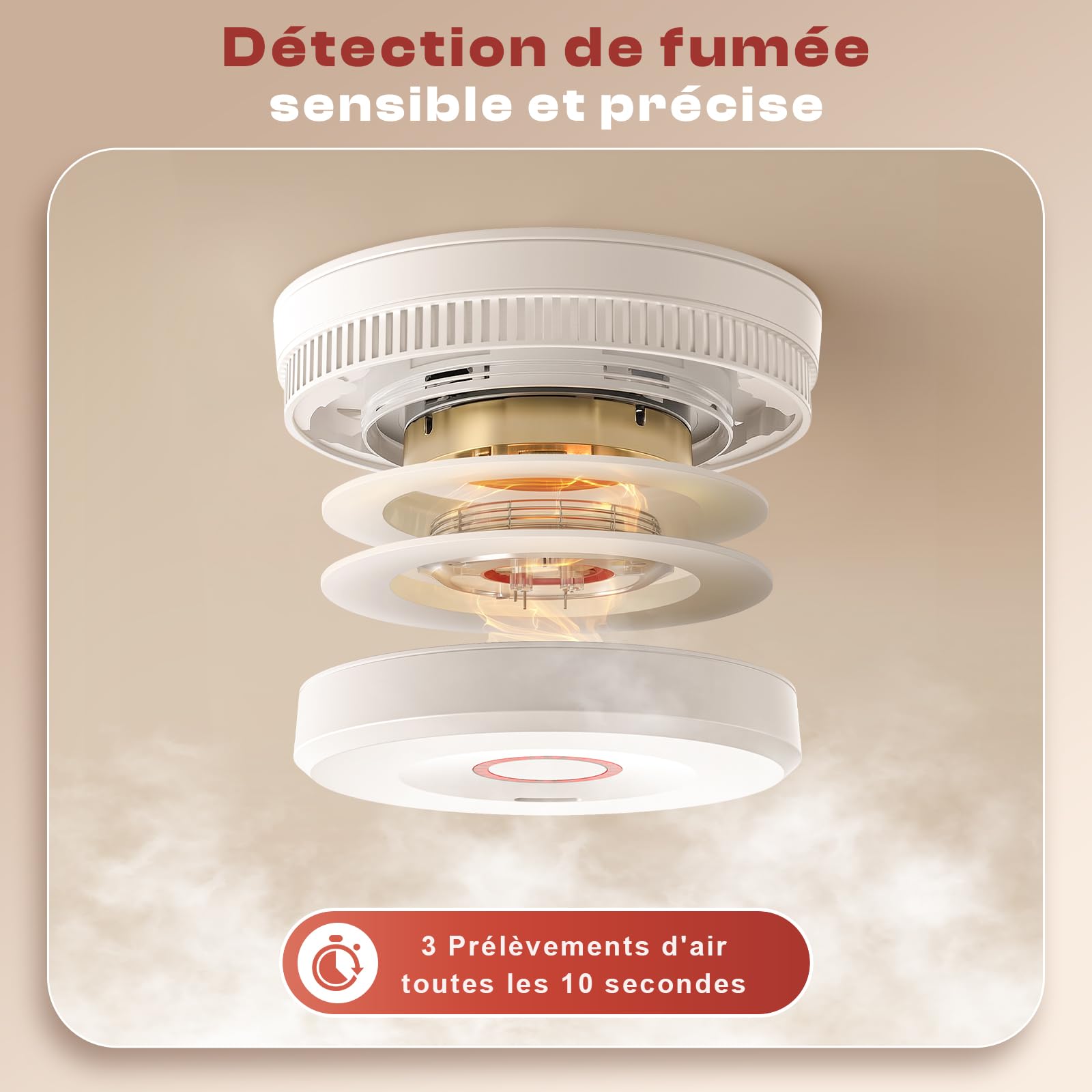 Détecteur de Fumée, 10 Ans de Durée de Vie de la Pile, Detecteur de Fumée D'Incendie Répond à la Norme EN14604, Lot de 3