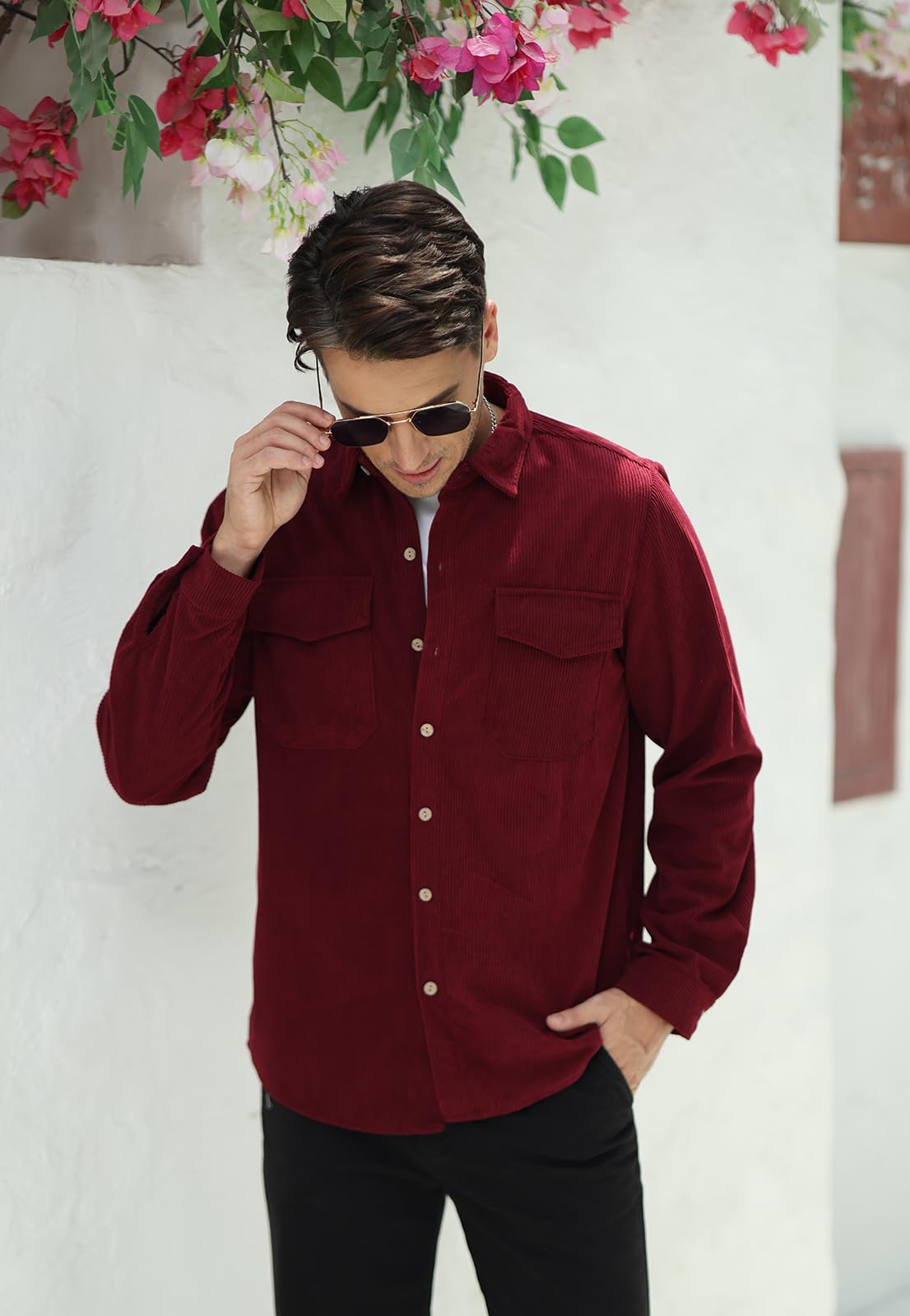 Camicia da uomo in velluto a coste, con bottoni, camicia casual con tasca sul petto, M-3XL