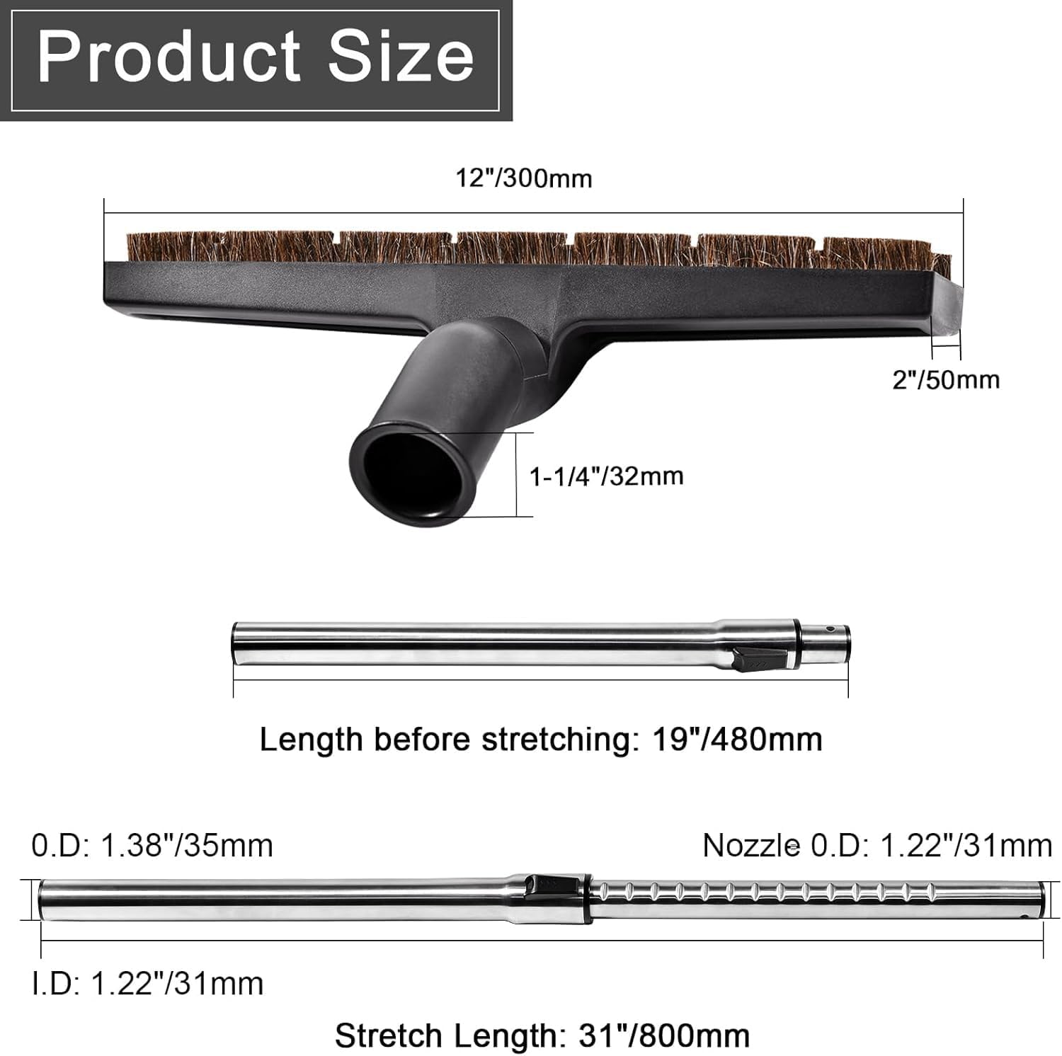 Eagles Hardwood Floor Brush with 1-1/4" Stainless Steel Vacuum Extension Wands Remplacement 32mm Universal Vacuum Cleaners Accessories Attachment Length 31"