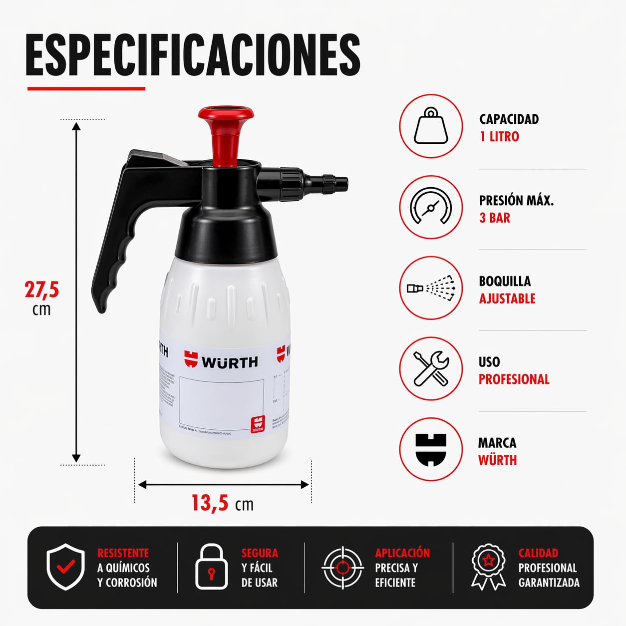 Wurth Pulverizador Presión Químicos y acidos Profesional, Pulverizador Industrial Ideal para Detailing Coche, Taller e Industria, Boquilla Ajustable - 1 Litro