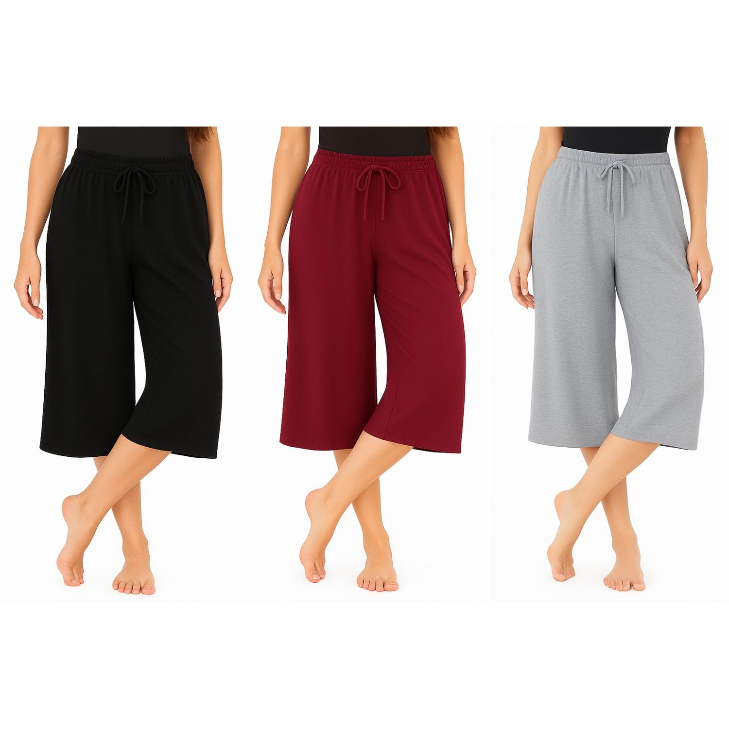 Women's Casual Cotton Plain Loosefit Capri (Black, Grey, Marrone) Combo Pack Of 3-picture-18