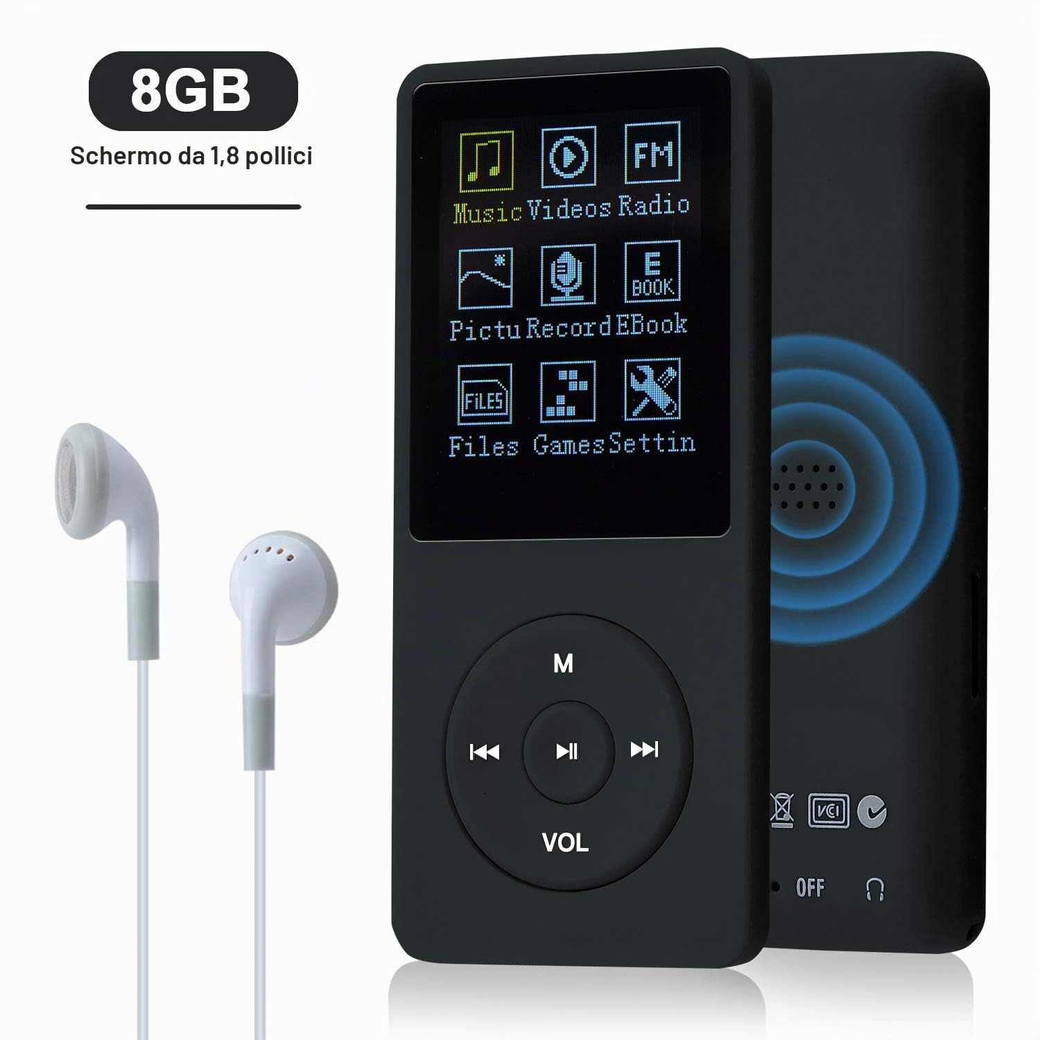 8 GB Lettore musicale MP3 portatile da, supporta schede di memoria SD fino a 64 GB, lettore MP3 HiFi con audio senza perdita, registrazione di musica/video/voce/radio FM(8G,Nero)