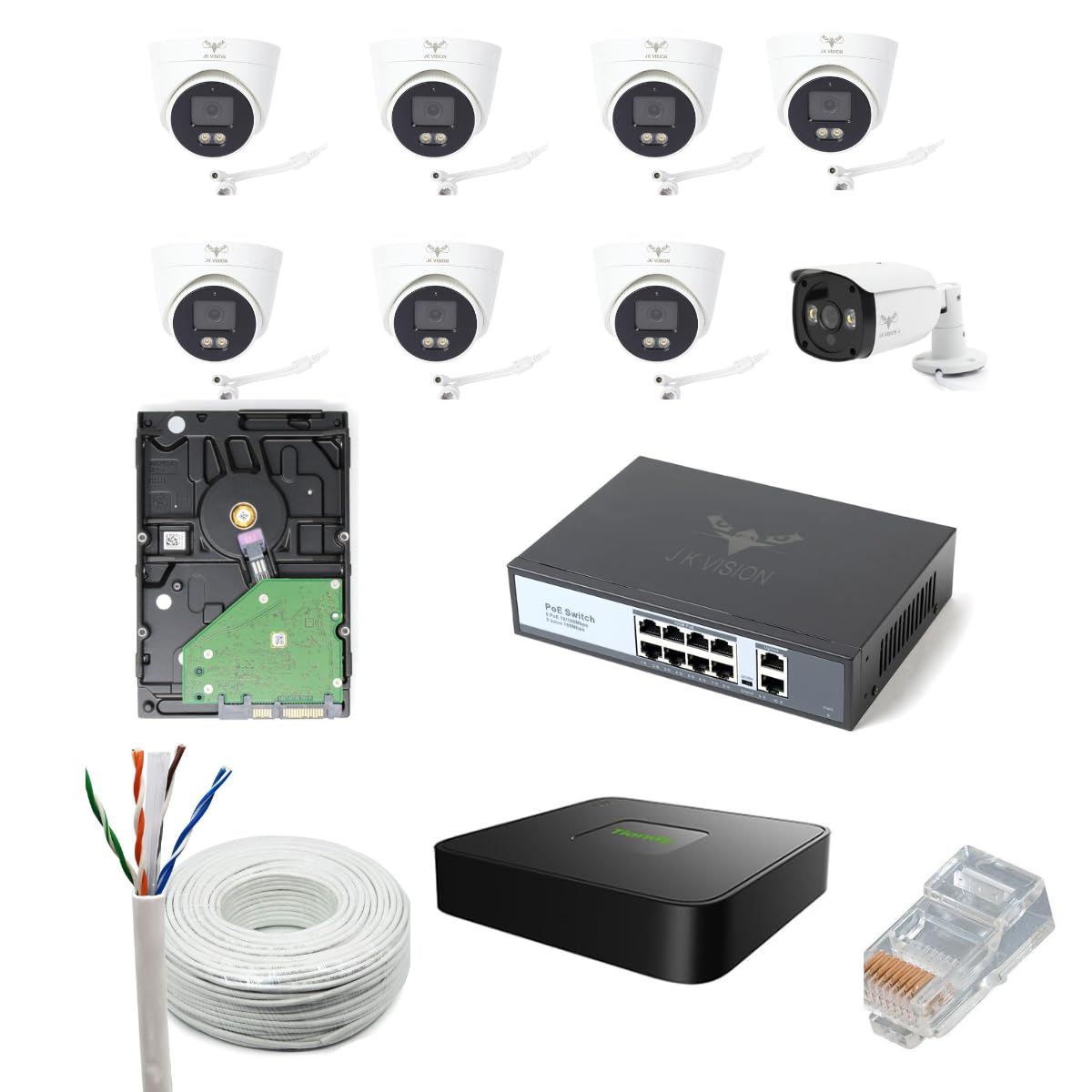 JK Vision 5MP CCTV IP Camera Full Set, 1 Bullet, 7 Dome 10 Channel NVR, 8 Port POE, 1TB Hard Disk, Cat6 Cable, 16 RJ45 Connector-image-31