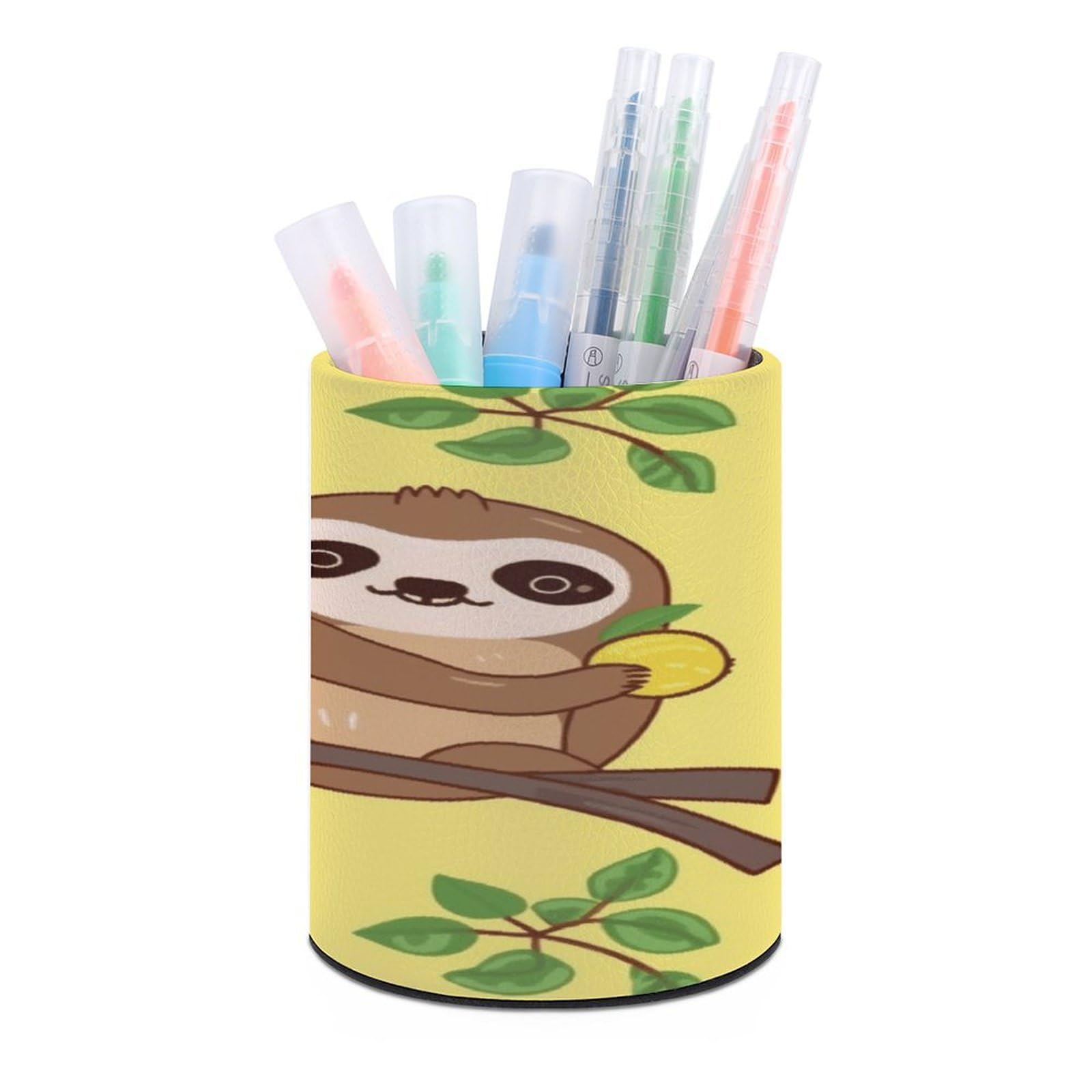 VstaDank Cute Sloths on Yellow Lemons Pen Holder for Desk Makeup Brush Holders Stylish Pen Cup Cute Pencil Cup Round Pencil Holder Decor Brush Scissor Holders for Multifunctional Office Supplies