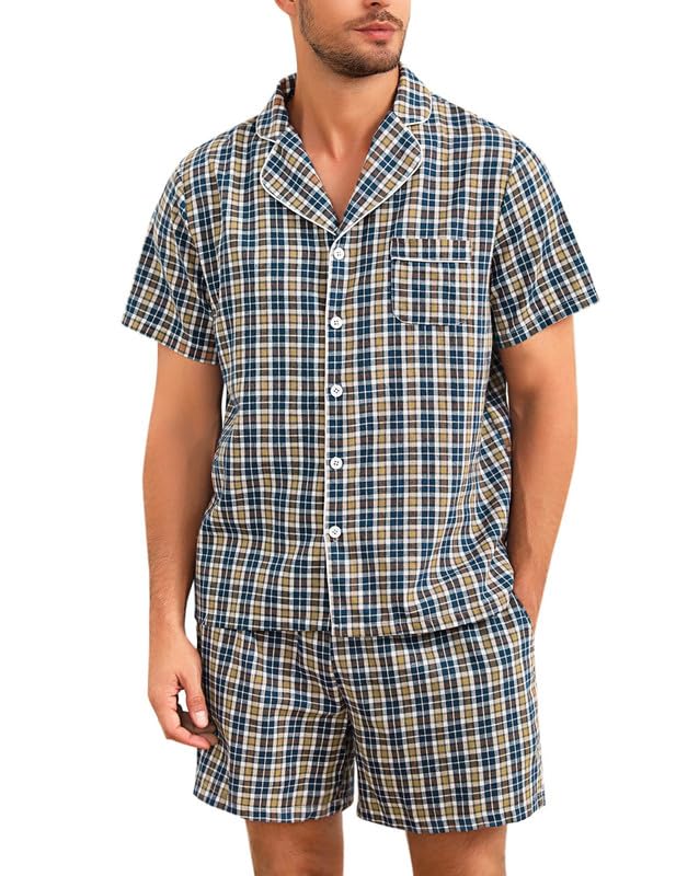 Marvmys Mens 100% Cotton Pajama Set Sleepwear Short Sleeve Pj Set Button Down Lounge Set Plaid Pajamas S-3XL