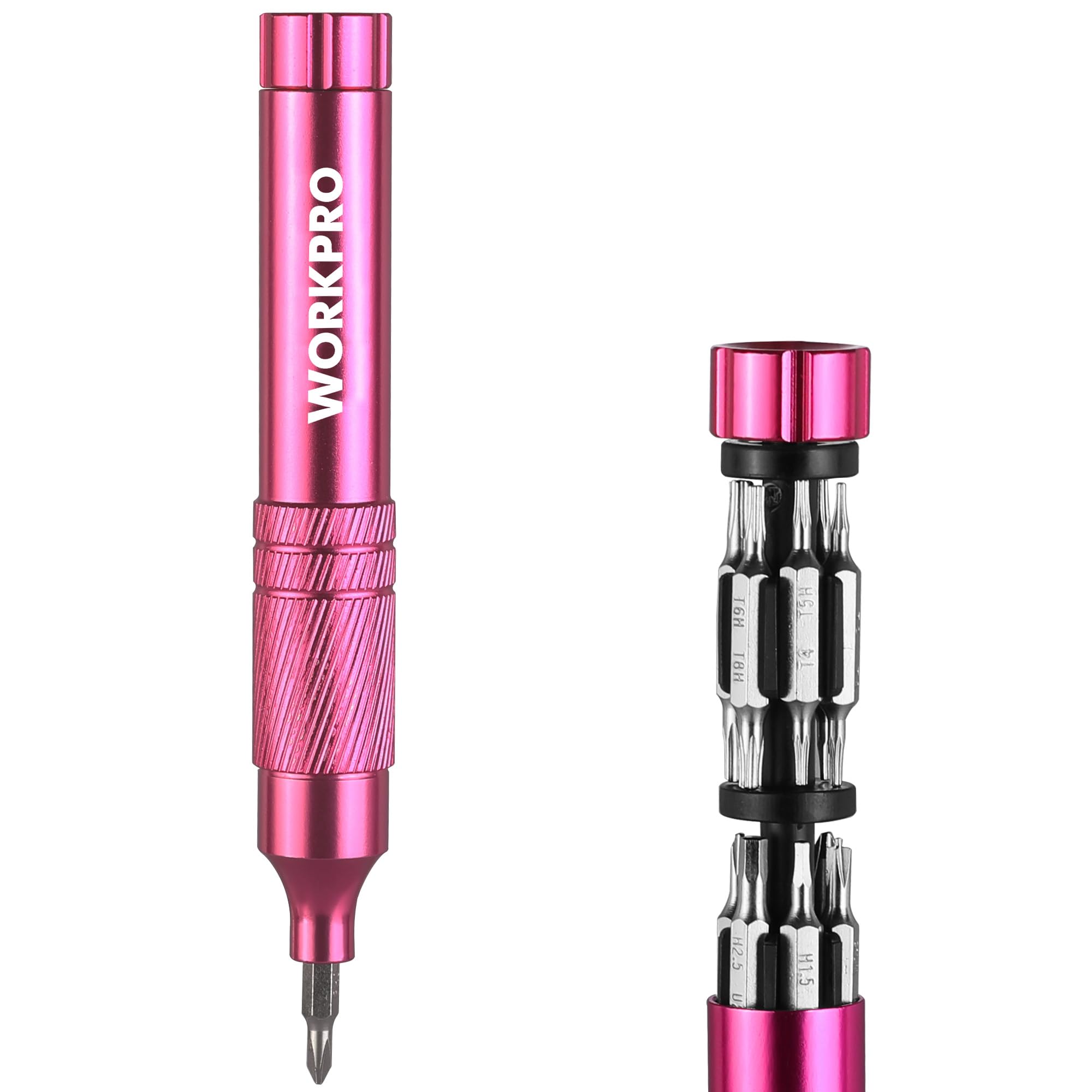 WORKPRO24 in 1 Multi Bit Mini Screwdriver Set Magnetic, Manual Pen Screwdrivers, Tough S2 Steel Small Screwdriver Bits for Eyeglass, Watch, Laptop, Phone, Jewelry and Electronic, Pink