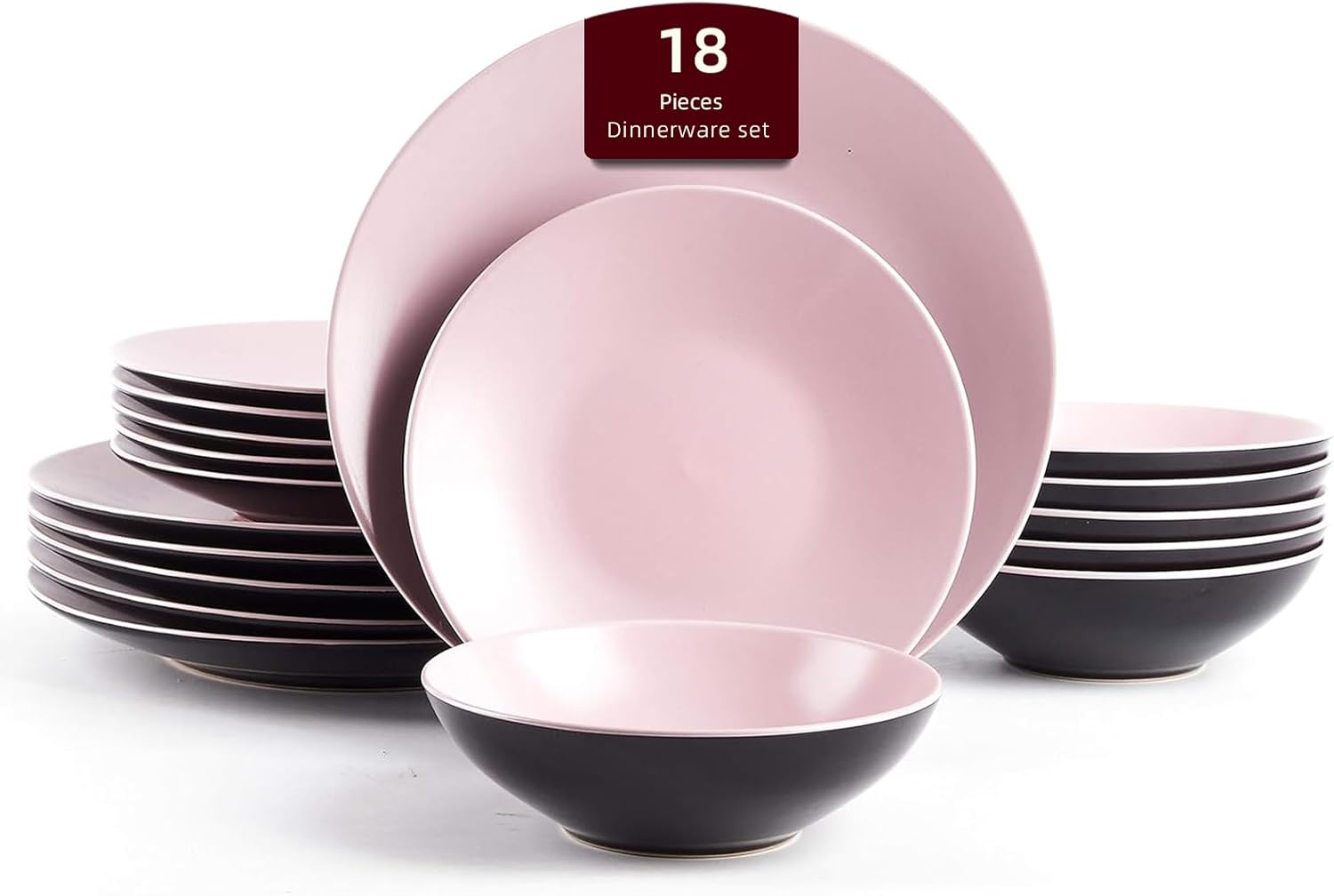 Stoneware Two-Tone Colors Life 18pc Dinner Set，Outside Shiny Black + Inside Matte Glaze Rose