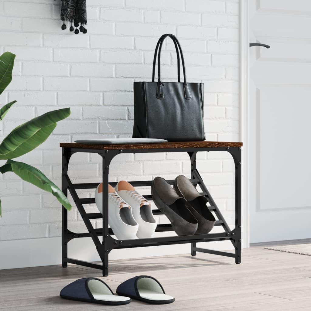 Regał na buty 60x30x45 cm drewno drewno brązowy kolor dębu | Czarna stalowa rama malowana proszkowo, skośna półka, solidny blat do torby i dekoracji