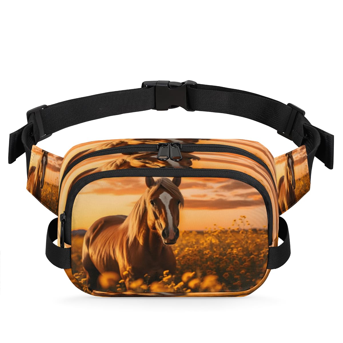 Sunset Flower Field Horse Waterproof Fanny Pack for Women Men Adjustable Waist Bag with Double Zipper Pockets Lightweight Square Hip Pack for Running Travel Hiking Workout Cycling
