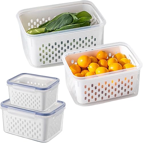 Paquete de 2 recipientes de almacenamiento de frutas para refrigerador con coladores extraíbles, aptos para lavavajillas y microondas, recipientes