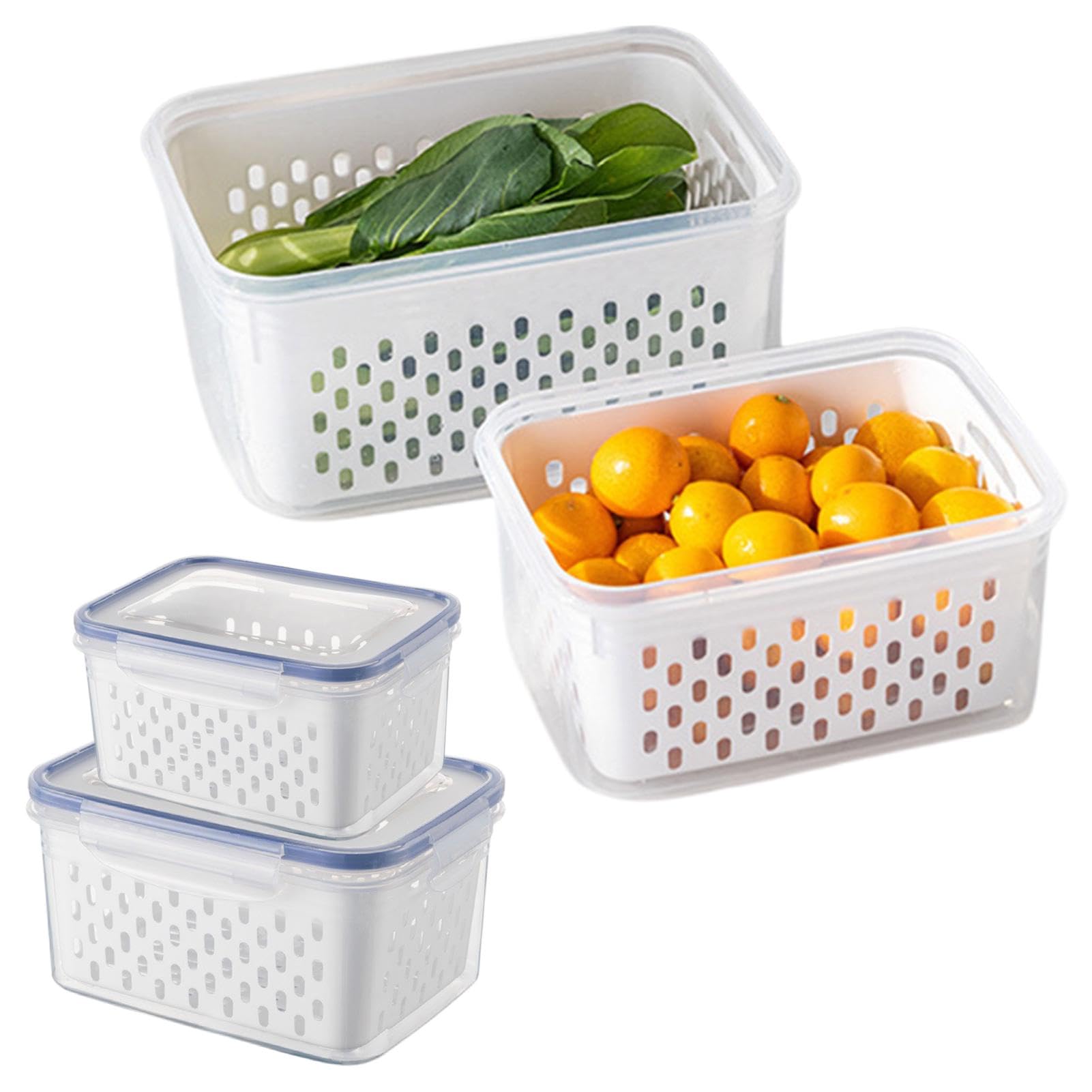 Fiacvrs 2 Pack Fruit Storage Containers for Fridge, Stackable Food Storage Containers with Removable Colander, Refrigerator Organizer with Drain Baskets Lids- Keeping Food Fresh Longer