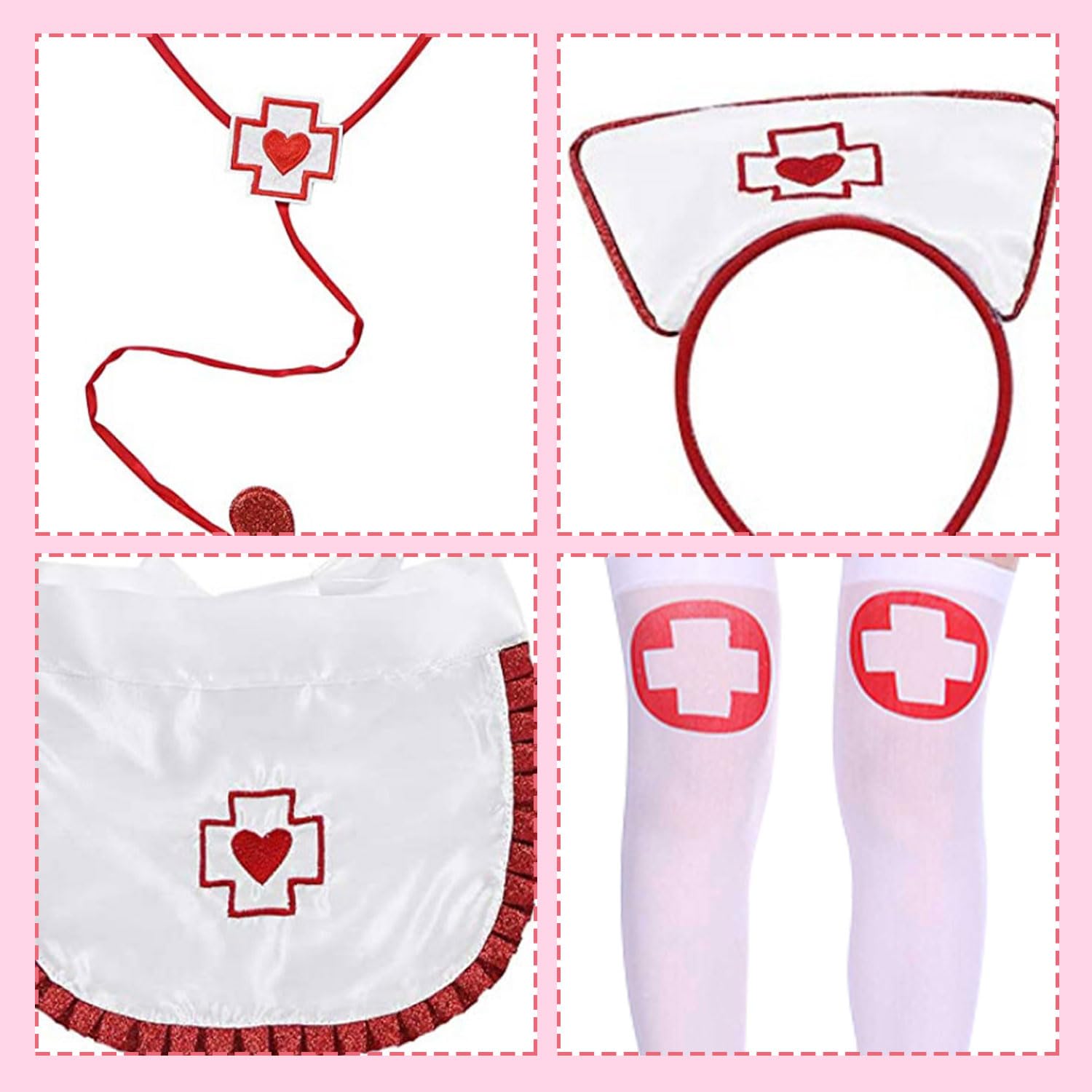 HAICN 4Pieces Halloween Nurse Costume Set Nurse Headband Apron Stethoscope with Stockings Fashion Naughty Nurses Role Play Costume Outfit for Women Halloween Accessory Valentines - Image 2
