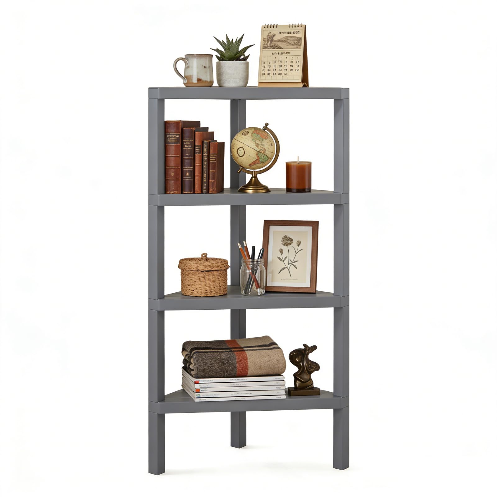 SFAREST 4-Tier Corner Bookshelf, Freestanding Display Rack Shelf Stand with Open Slatted Shelves, Narrow Ladder Storage Organizer Unit for Home Office Living Room Kitchen Bathroom (Grey, Triangle)