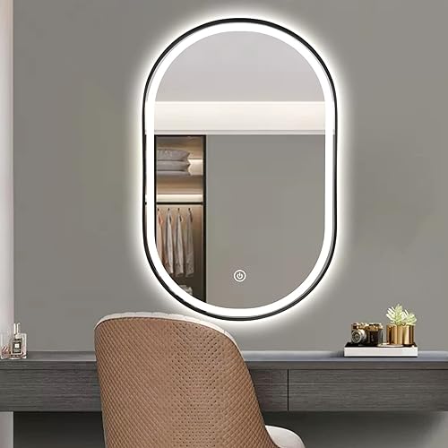 Miniatura 47 de Espejo de baño LED ovalado de 32 x 20 pulgadas con luces, espejo de tocador negro con luz antiniebla montado en la pared, espejo ovalado LED