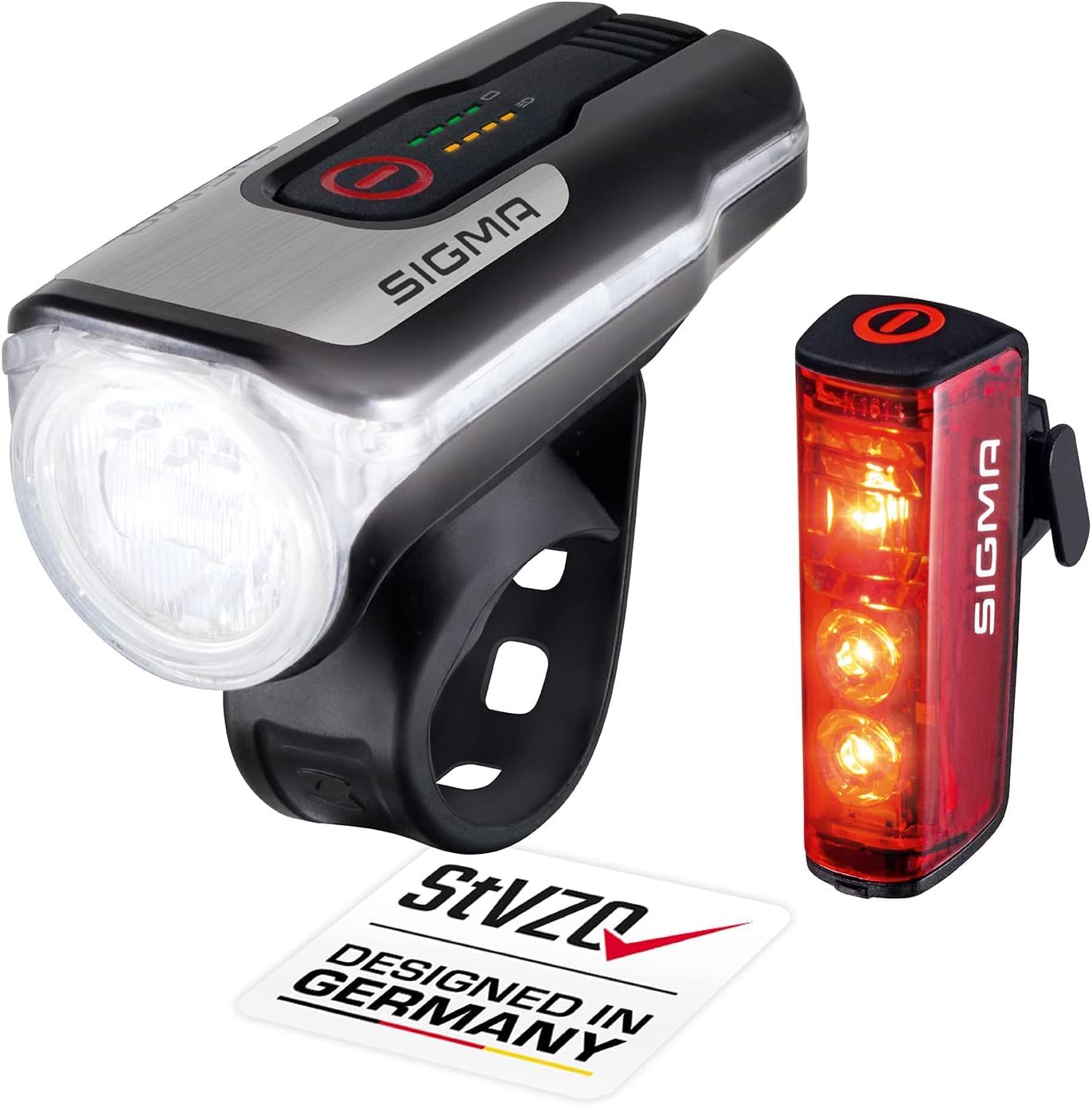 SIGMA SPORT - LED Fahrradlicht Set Aura 80 und Blaze | StVZO zugelassenes, akkubetriebenes Vorderlicht und Rücklicht mit Bremsfunktion, Rear & Fischer Mini Fahrradglocke, schwarz, One Size