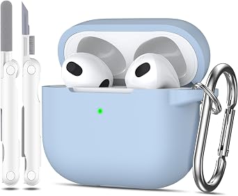 AirPods 3rd Generation Case Cover 2021, Military-Grade Drop-Proof Soft Silicone Shock Absorption Protection Case Skin for AirPods 3 with Keychain and Cleaning Kit, Front LED Visible, Sky Blue