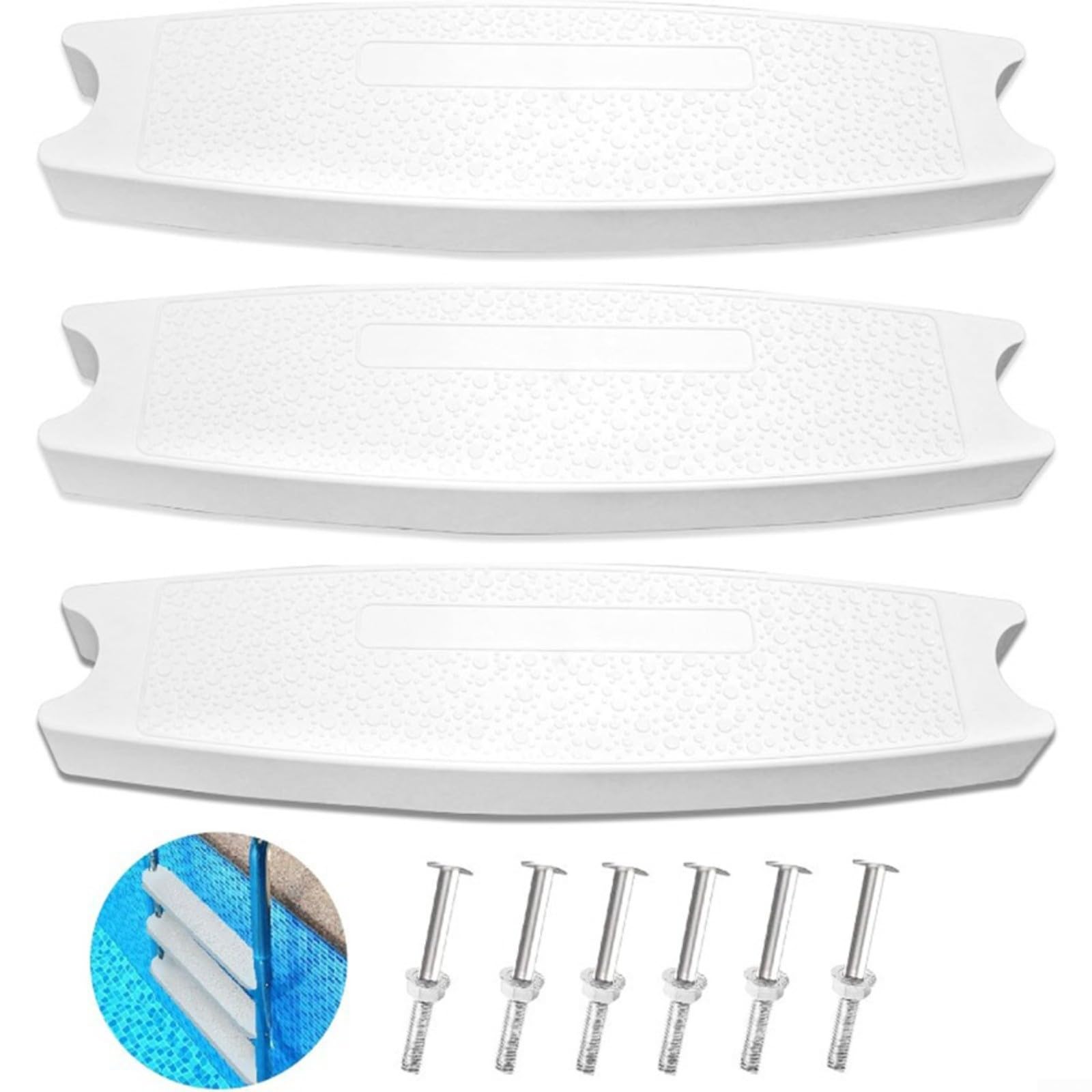 Paquete de 3 escalones de repuesto antideslizantes de plástico con lunares para escaleras de 19 pulgadas de diámetro, piezas de escalera de piscina ABS resistentes con pernos, color blanco