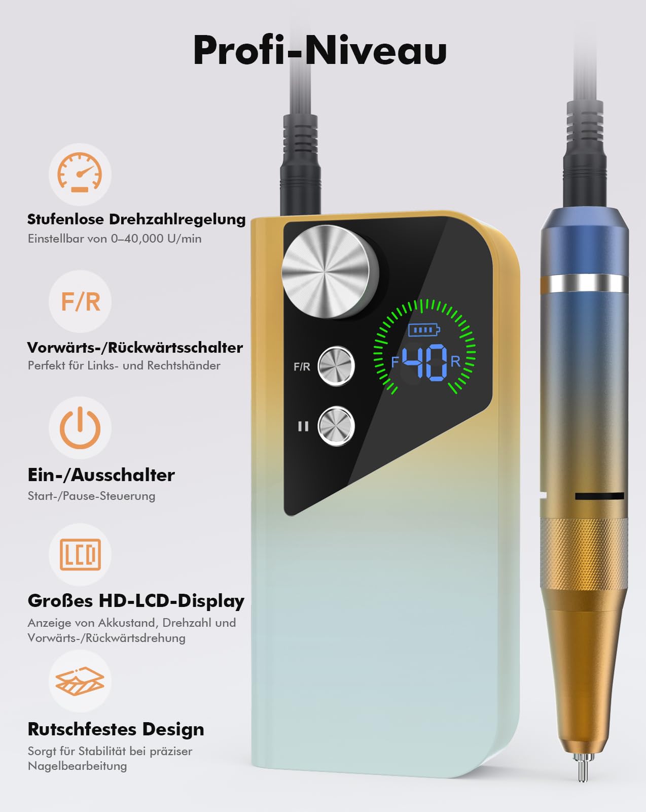 HOMEASY Nagelfräser 40.000 U/min Profi. Tragbar Fräser Nägel Elektrische Nagelfeile Wiederaufladbare Fräser für gelnägel Nagellack Maniküre Set mit 6 Nagel Bits LCD Anzeige F/R Richtung Gelb Blau