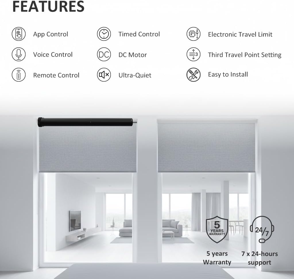 Smart Roller Shades Motor, Tuya WiFi Motorized Blinds Motor, DC24V Electric Tubular Motor Compatible with Alexa & Google Home, Silent Brushless Copper Core (6.0 N.m for Φ50mm (2") Groove Tube)