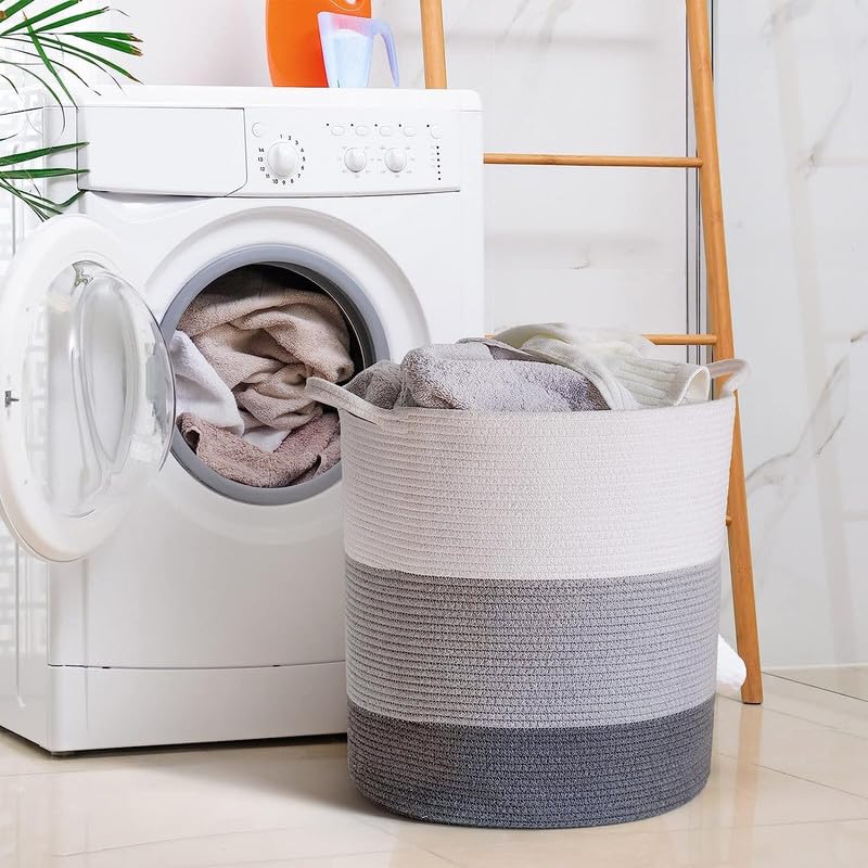 Image of Large Basket Natural Cotton Rope Storage Basket and Hamper for Cloths and Multi Usage in Living Room, Bedroom, Laundry Room (Size - 14 inch x 14 inch x 16 inch) (White Grey Black)