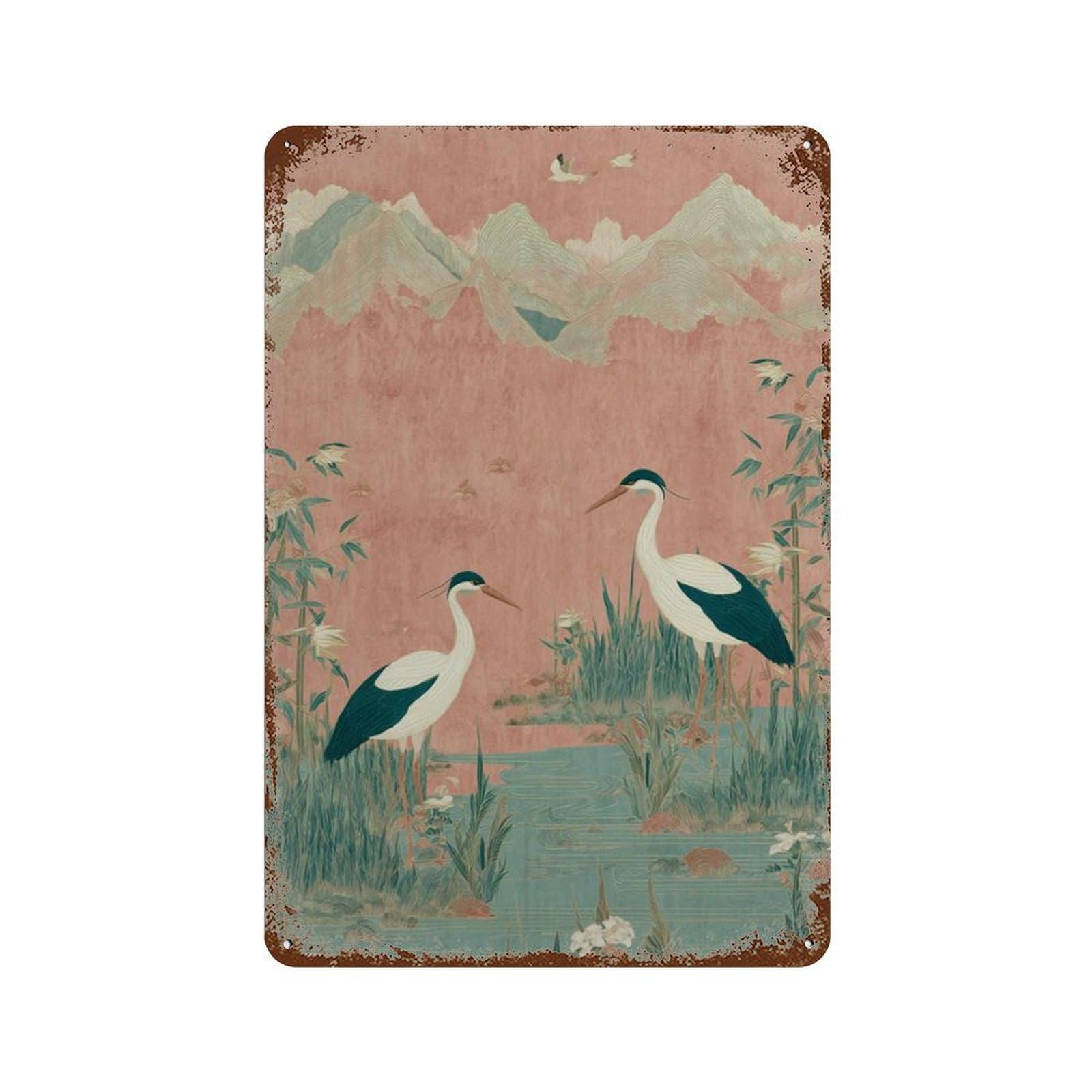 xiaoxiaoshen Heron Bird Oriental Botanical Crane Nature Wall Decor Art Metal Tin Poster Modern Home Decor Art Home Bar Shop Decorations Vintage Sign 30x20cm