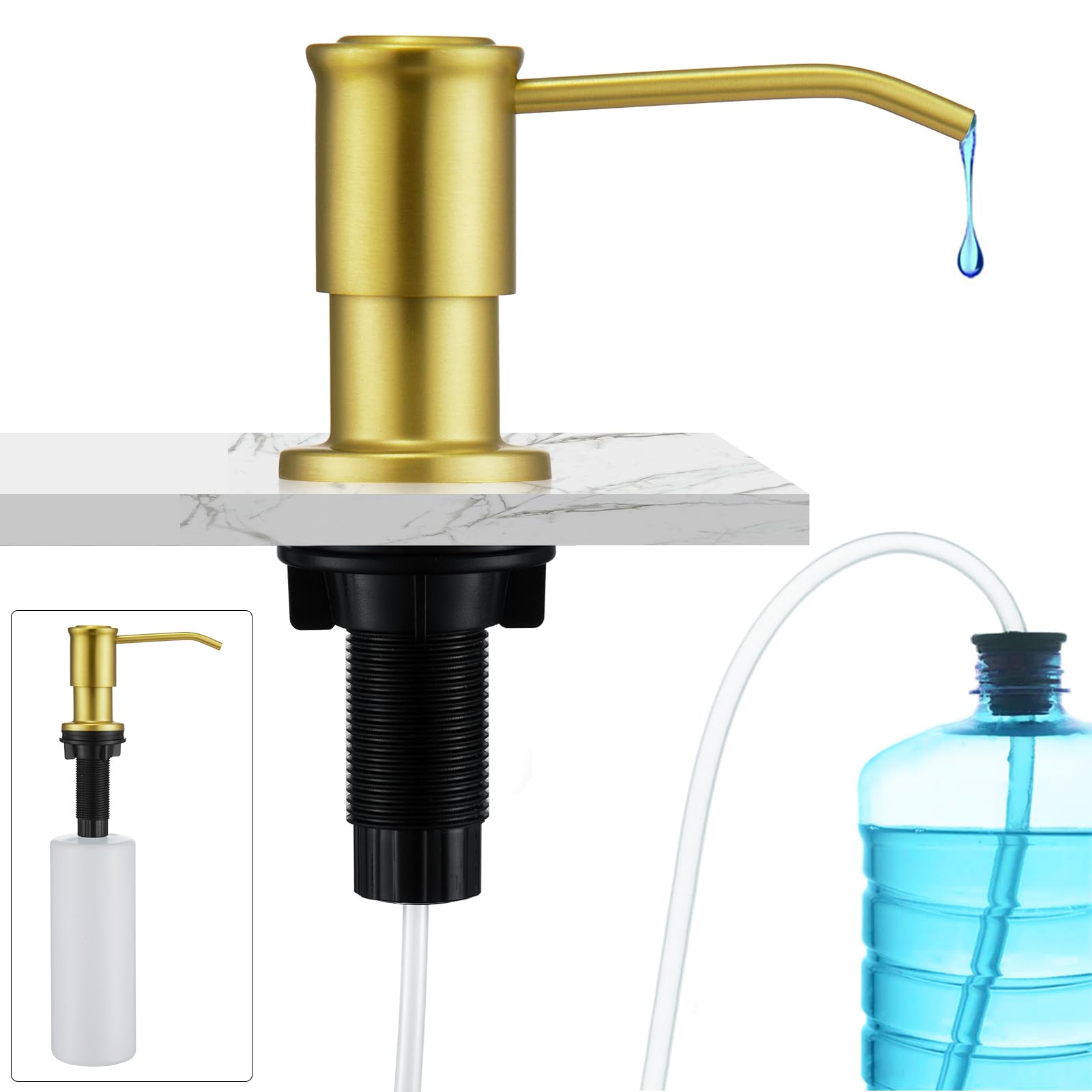 CREA Seifenspender Einbau Küche, Spülmittelspender Küche, Seifenspender für Spülbecken mit 500ML Flasche und 1,0 m Verlängerungsschlauch von Oben Befüllen, Gebürstetes Gold