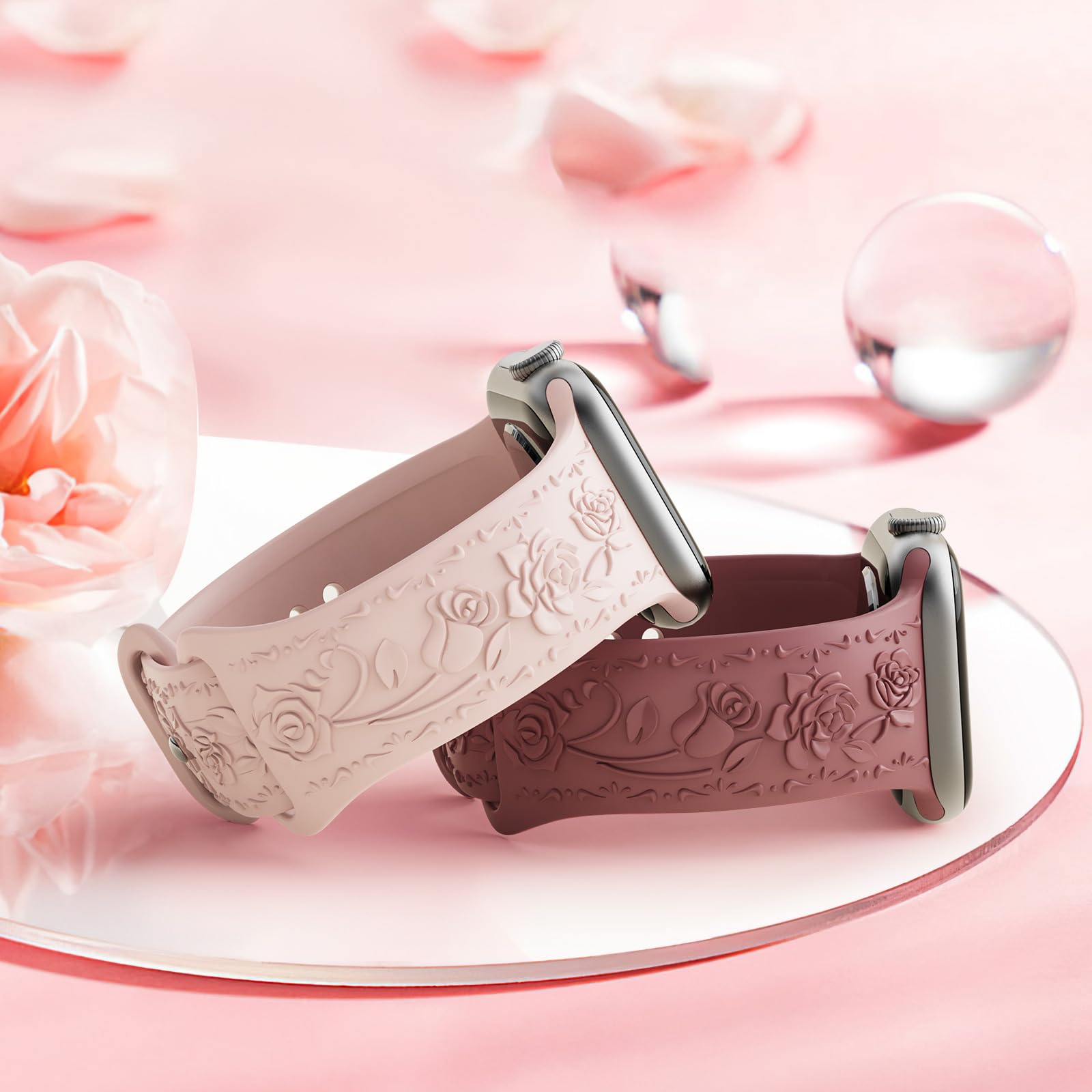 3 Stück Floral Gravierte Armband Kompatibel mit Apple Watch Band 40mm 41mm 38mm 42mm 44mm 45mm 49mm, Silikon Rose Ersatzarmband Kompatibel mit iWatch Armband Se Ultra 9 8 7 6 5 4 3 2 1