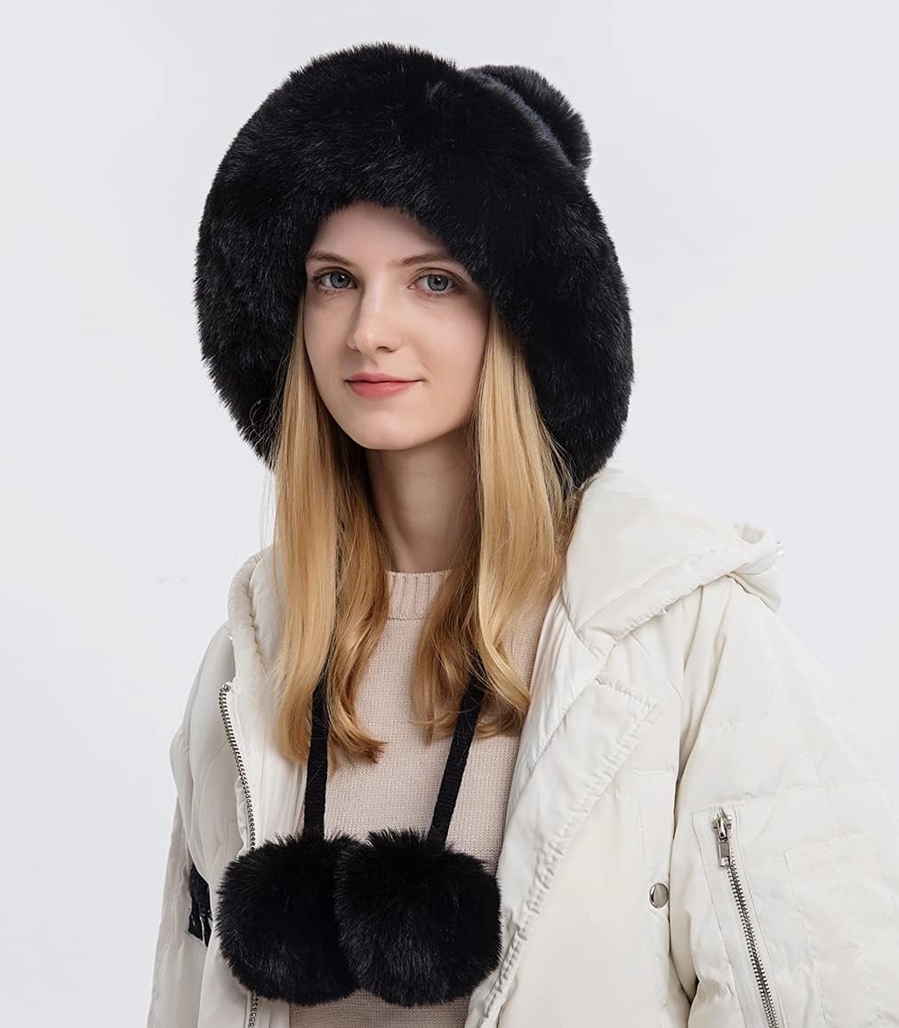 Winter Beanie Hats for Women with Ear Flaps Faux Fur Crochet Skull Cap Warm Outdoor Ski Snow Hats Pompoms - Image 4