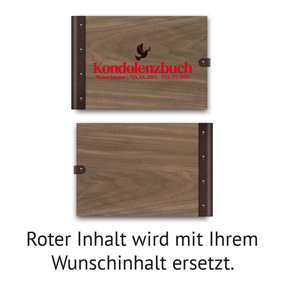 Personalisiertes Kondolenzbuch Todesfall echtes Holz DIN A4 Gästebuch mit Lasergravur - Friedenstaube - mit 72 Blatt / 144 Seiten Naturpapier Weiß