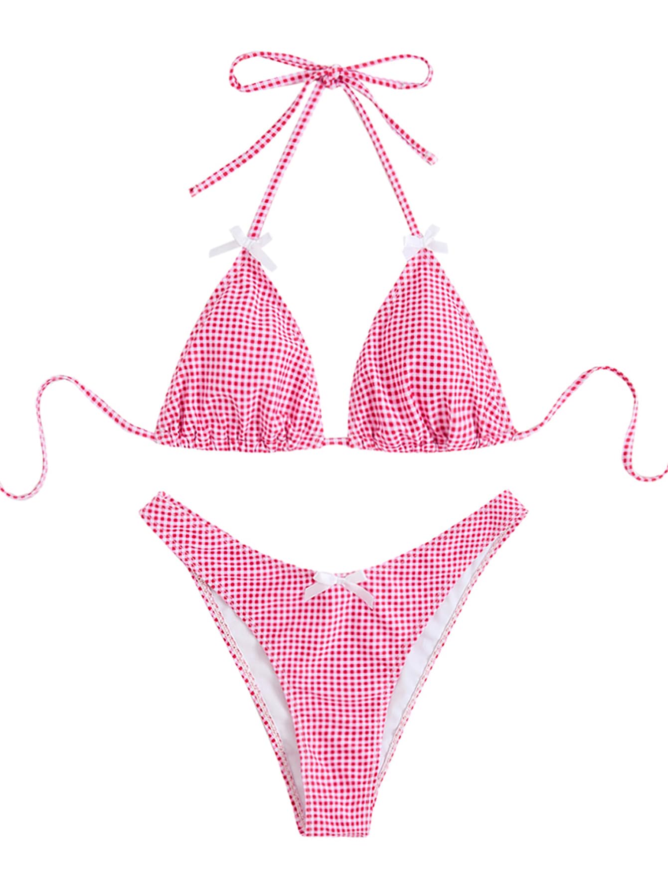 Women's Gingham Bikini Set Bow High Cut Thong Halter Triangle Top Cheeky Cute 2025 Swimsuit Bathing Suit