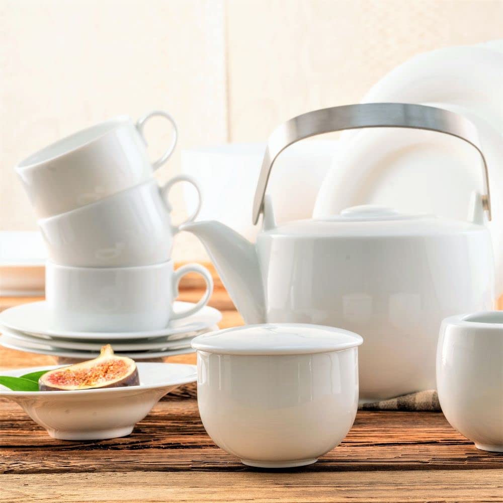 VILLA ITALIA Serwis kawowy porcelanowy na 12 osób Zestaw filiżanek Filiżanki, Talerzyki deserowe, Dzbanek, Cukiernica do kawy lub herbaty PLUS WHITE NZ119