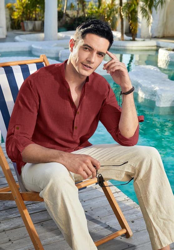 Image of Macsivo Cotton Blend Solid Casual Short Kurta for Men Long Sleeve Mandarin Collar Stylish Shirt Kurta for Men