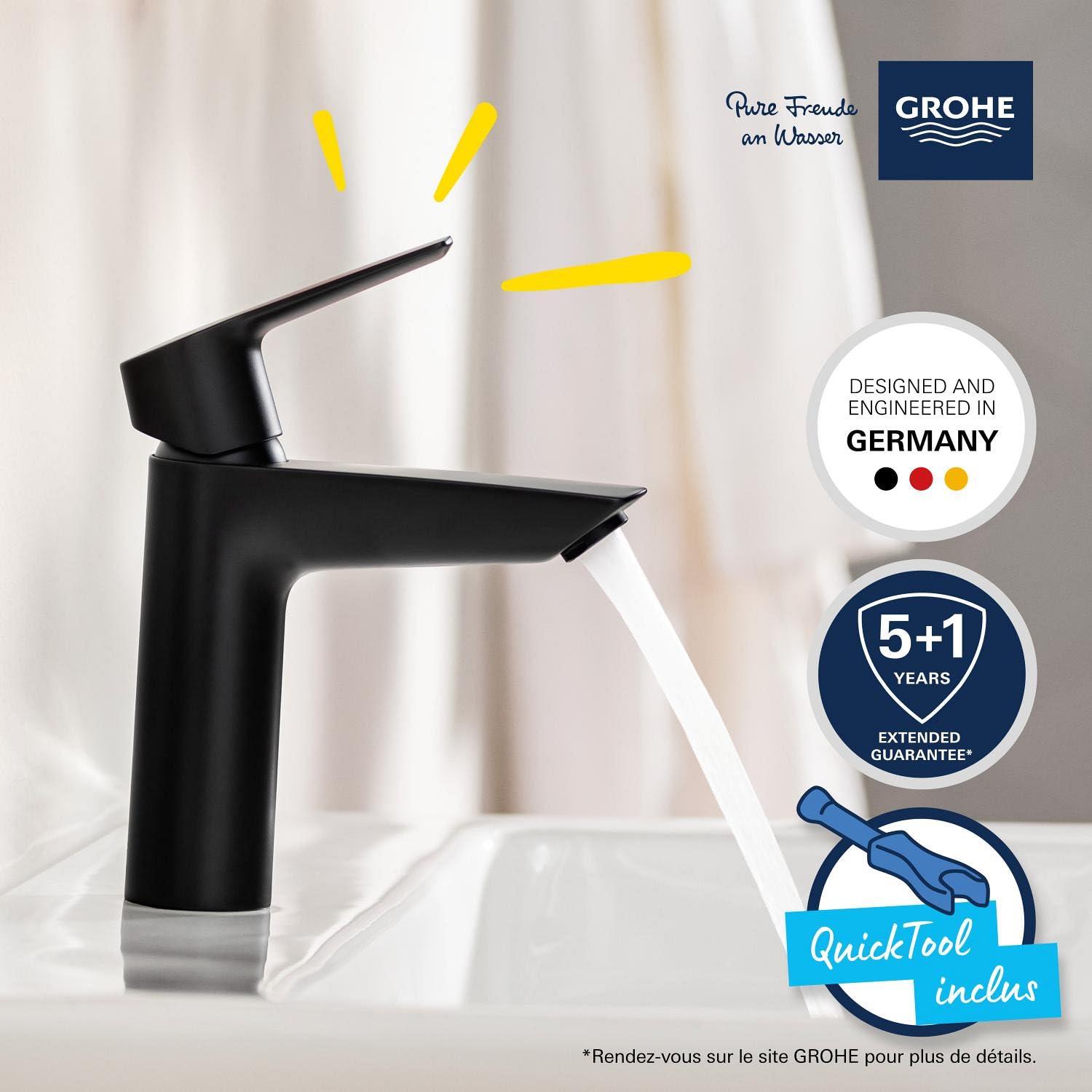 GROHE QUICKFIX MITIGEUR DE LAVABO START, bonde de vidage Clic-Clac, outil de montage fourni, Economie d'eau, Taille M, Noir Mat, 242042432