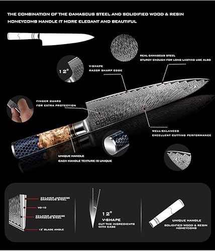 Miniatura 5 de SEIDO KNIVES Hanikamu VG10 Damasco - Juego de cuchillos de chef hechos a mano, resina epoxi de panal con asas de madera estabilizadas, duradero y