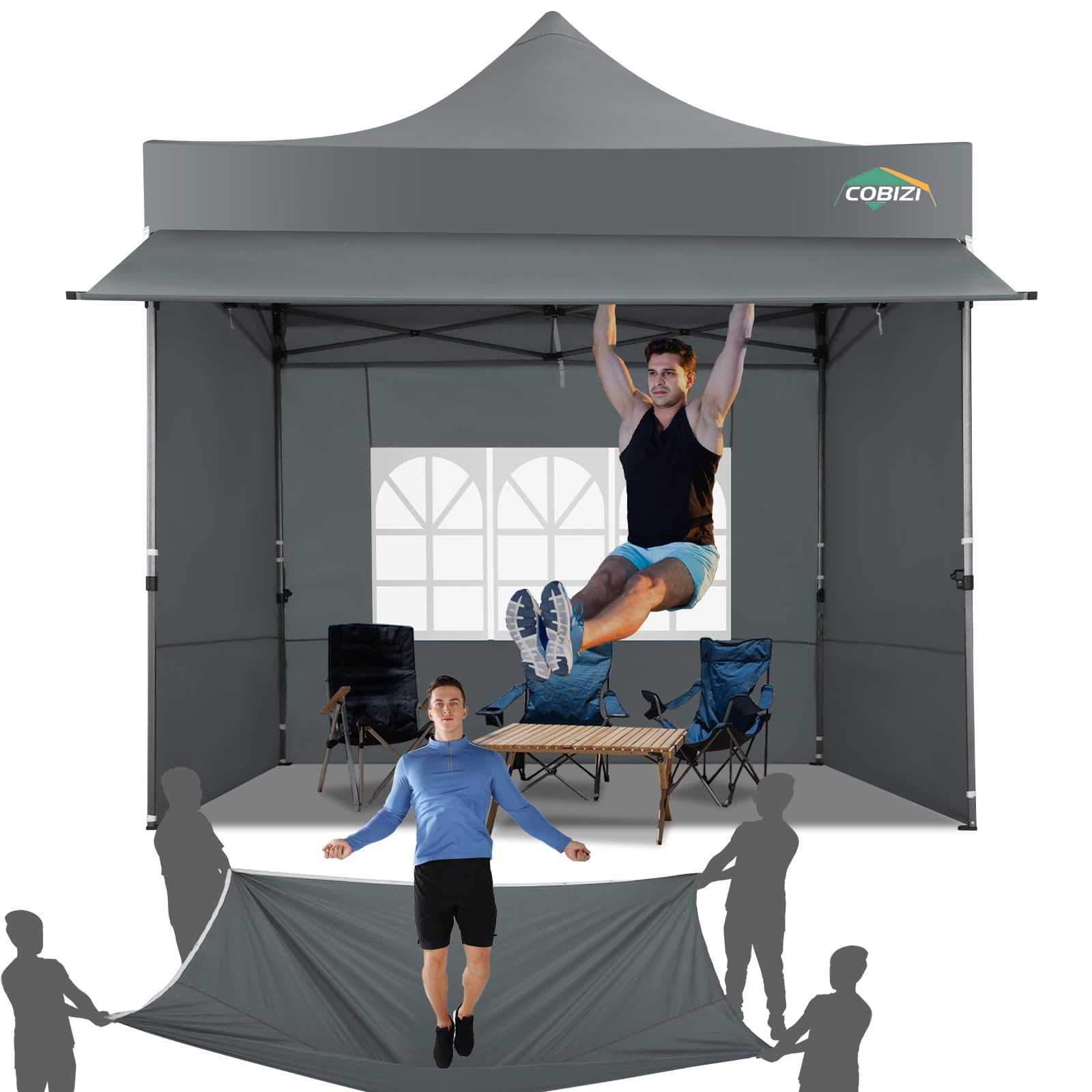 COBIZI - Tienda con Dosel Pop-up de 3 x 3 m con toldo y Paredes Laterales, Carpas comerciales de 3 x 3 m, Impermeable instantánea, Parasol UPF 50+, para Exteriores, Fiestas, mercados (Gris)