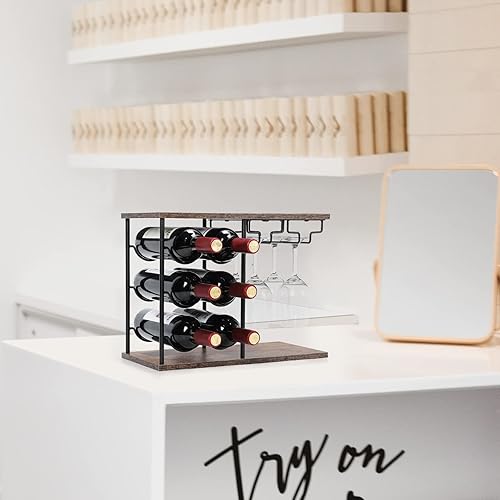 Miniatura 7 de MOOACE Estante de vino para encimera, estante independiente para botellas de vino con soporte para vidrio, soporte de vino de madera con bandeja