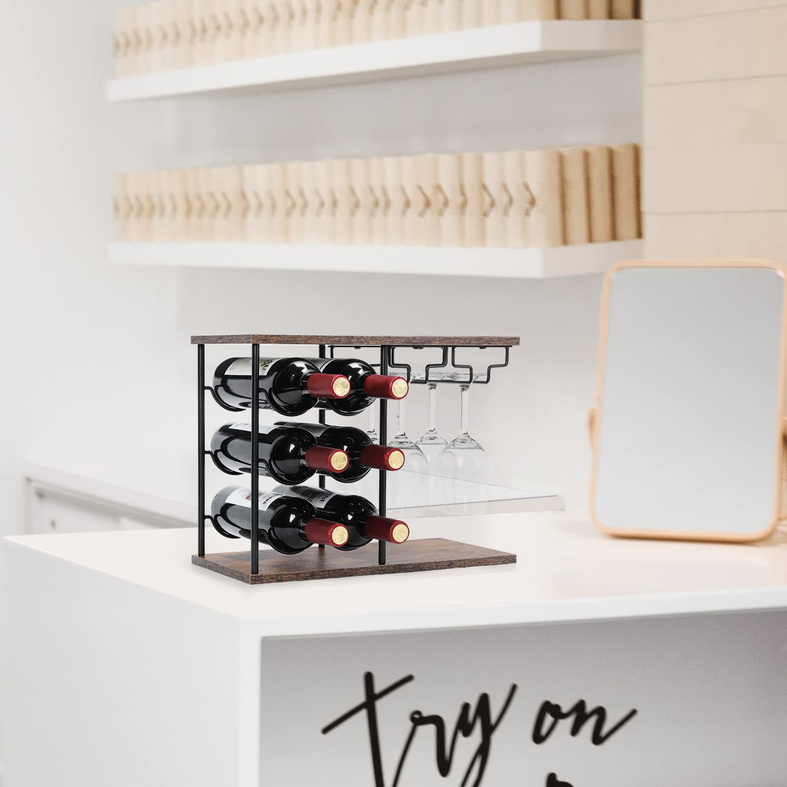 Estante de vino para encimera, estante independiente para botellas de vino con soporte para vidrio, soporte de vino de madera con bandeja para el hogar, bar, mesa de cocina, con capacidad para 7