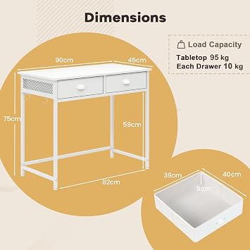 COSTWAY Computer Desk with 2 Drawers & 4 Hooks, 90 x 45 x 75cm (White)