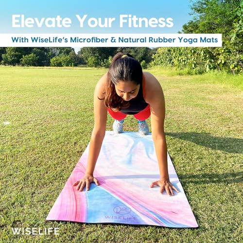 Image of Wiselife MicroFiber & Natural Rubber Yoga Mat + Carry Strap | 5MM | Extra Large Extra Wide | Anti skid Anti slip for Yoga & Workout (Abstract Marble)
