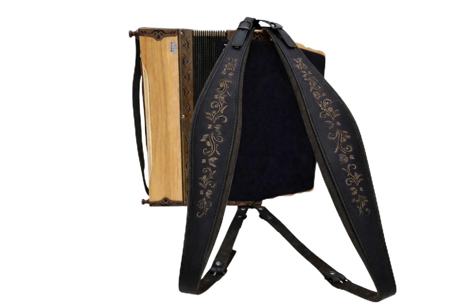 Harmonikariemen XL Luxus Schwarz S-Form inkl. Querriemen – extra lange Echtleder-Trageriemen für Steirische Harmonika – gepolstert, verstellbar, ergonomisch, ideal für Bühne, Tracht & Volksmusik