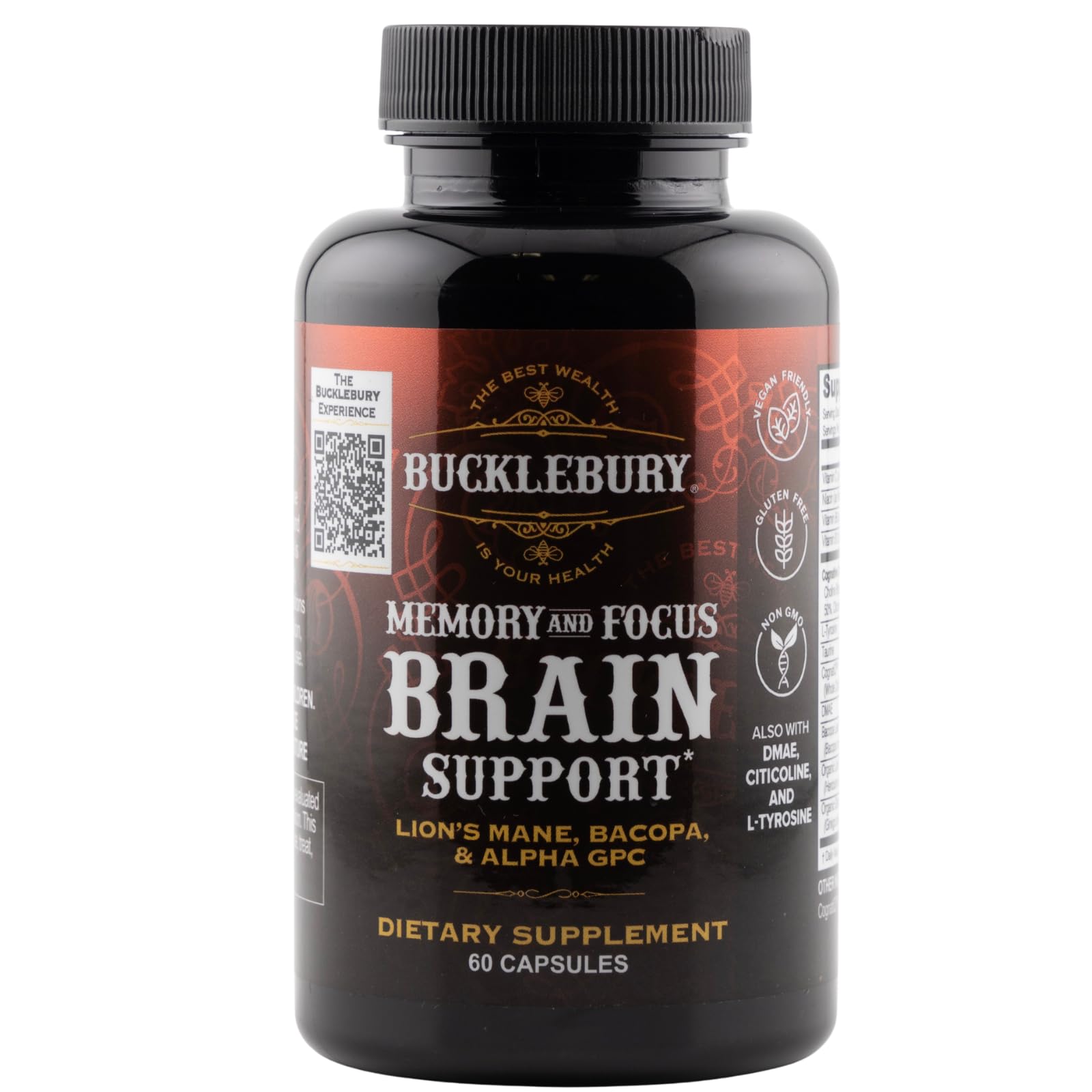 BUCKLEBURYBrain and Memory Supplements with Bacopa & Alpha GPC - Nootropic Brain Capsules for Cognitive Support, Focus & Mental Clarity - Memory and Focus Pills for Women & Men - Vegan 60 Capsules
