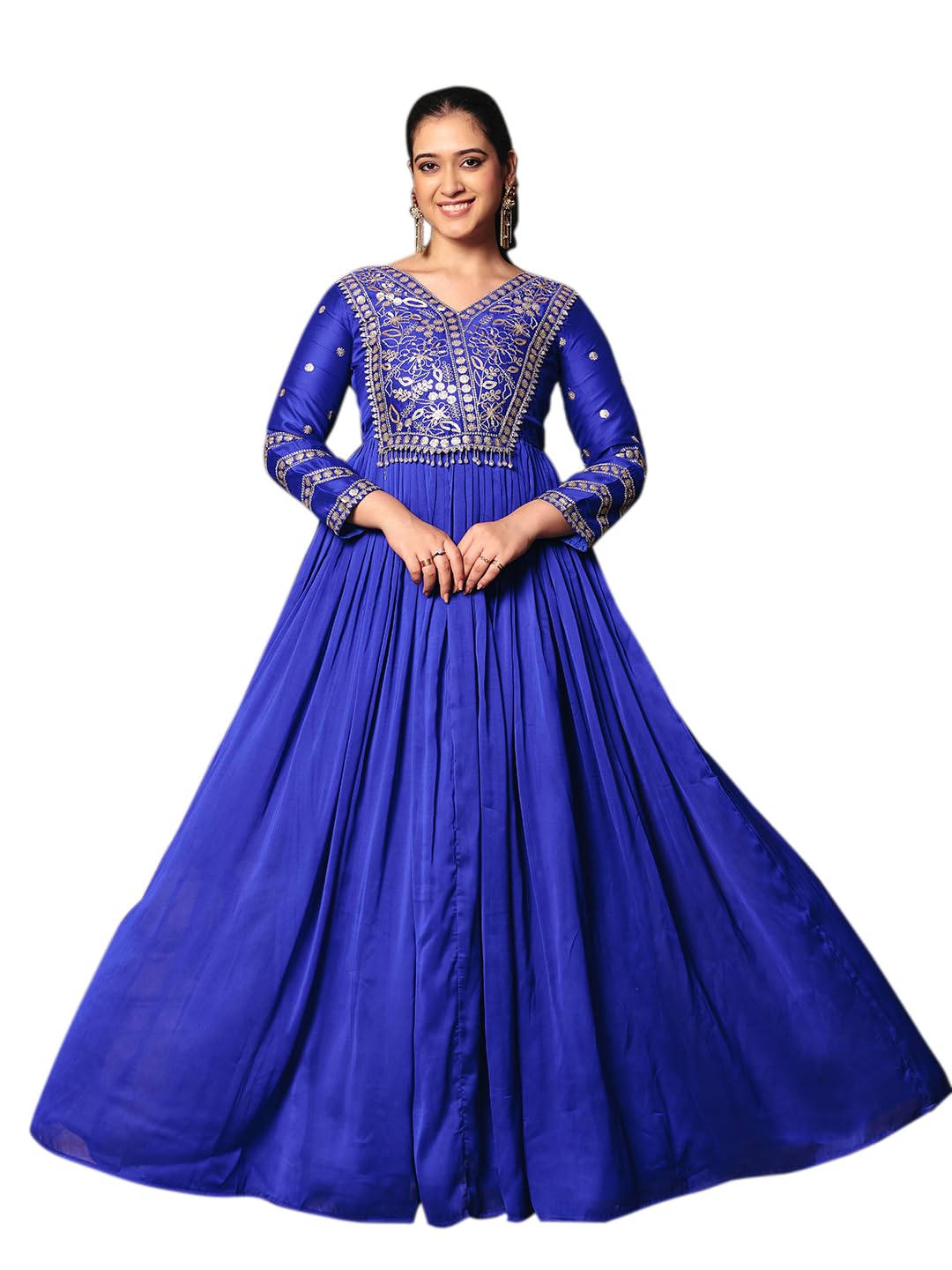 Women’s Vatican Print Flared Anarkali Gown | Embroidered V-Neck Long Dress | Blue Ethnic Gown(M-2609 Blue)-image-47